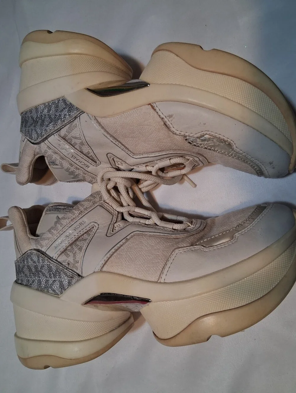 Michael Kors Olympia Chunky Platform Cream Sneakers Pink Grey Accents Y2k Active